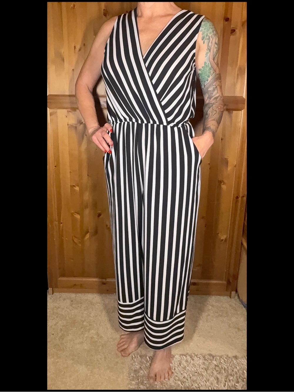 Black and White Striped Sleeveless Jumpsuit
